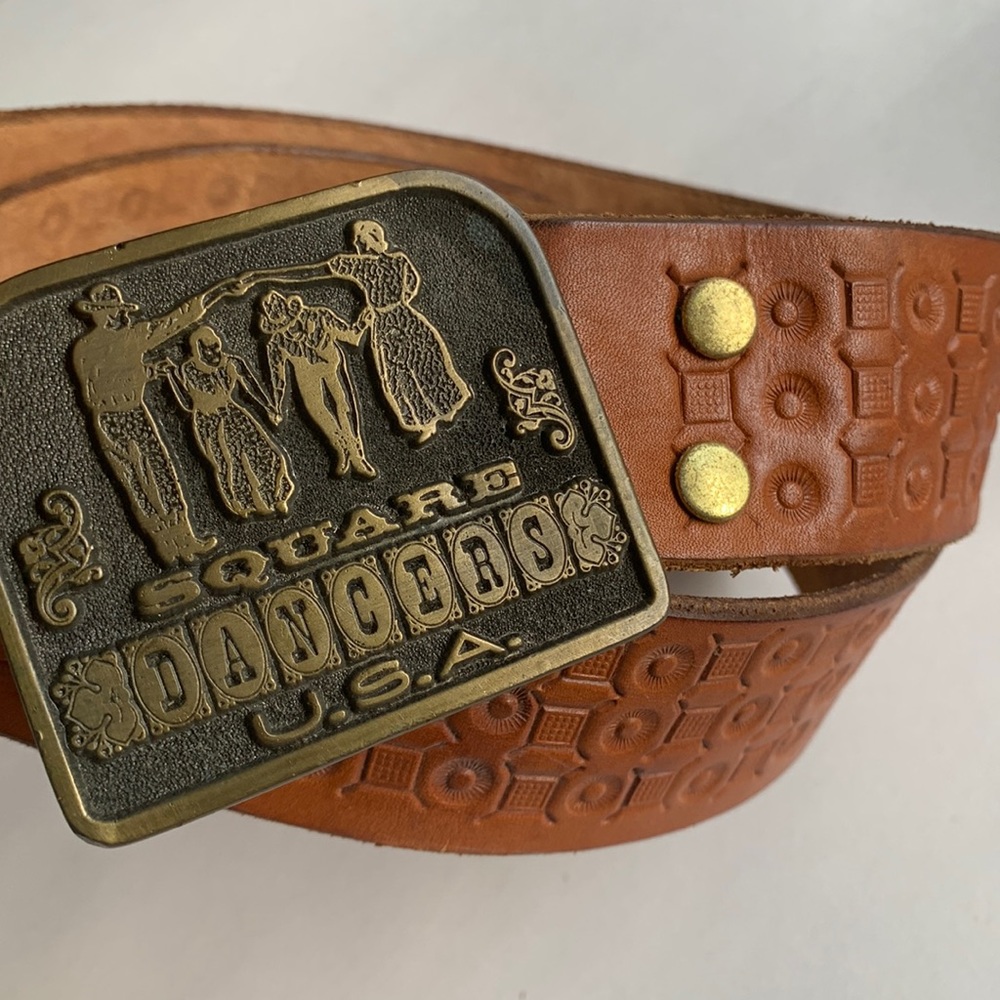 Vintage Adezy Denver Square Dancers USA Leather Belt Engraved Brass Buckle